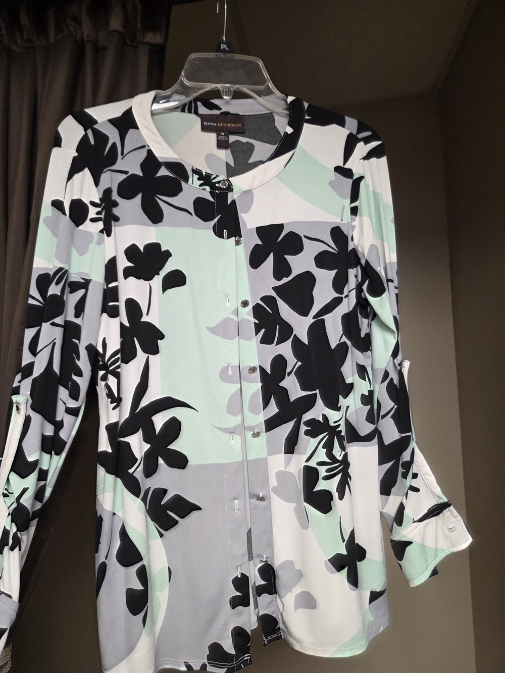 Dana Buchman Mint Black Gray Floral Button-Down Shirt